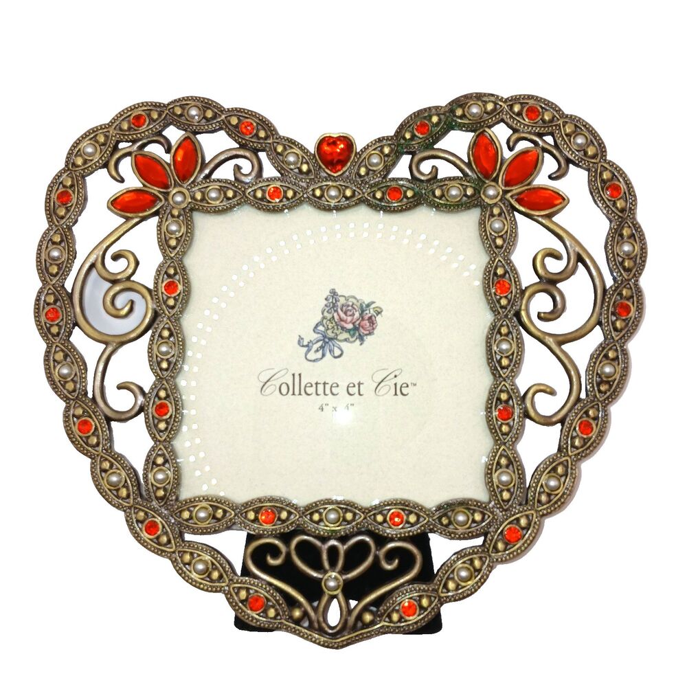 Collette et Cie Heart Shaped Picture Frame Red Rhinestones Floral Ornate 4x4 in